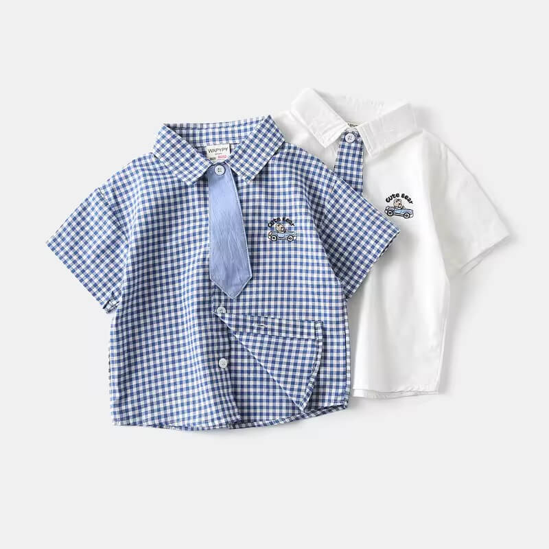 Baby boy’s checked cotton shirt with matching tie – breathable lightweight fabric, side angle