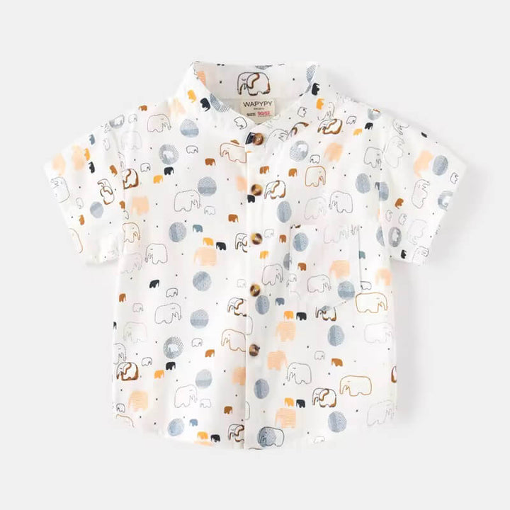 Baby boy’s soft cotton casual shirt with elephant print – front view