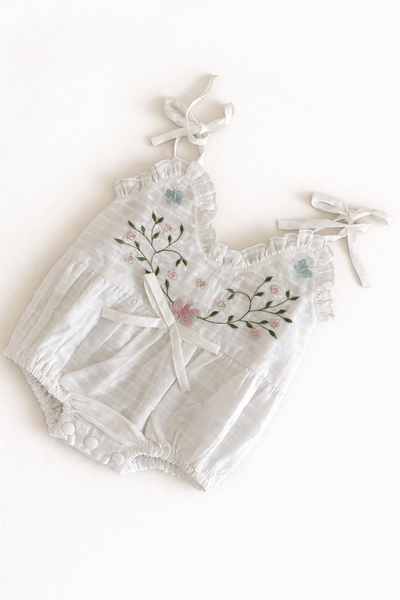 White Embroidered Spaghetti Ruffle Romper Butterfly