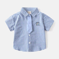 Flat lay: baby boy’s checked cotton shirt with detachable matching tie – casual semi-formal set