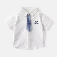 Close-up of baby boy’s checked cotton shirt pattern with matching tie – soft cotton detail