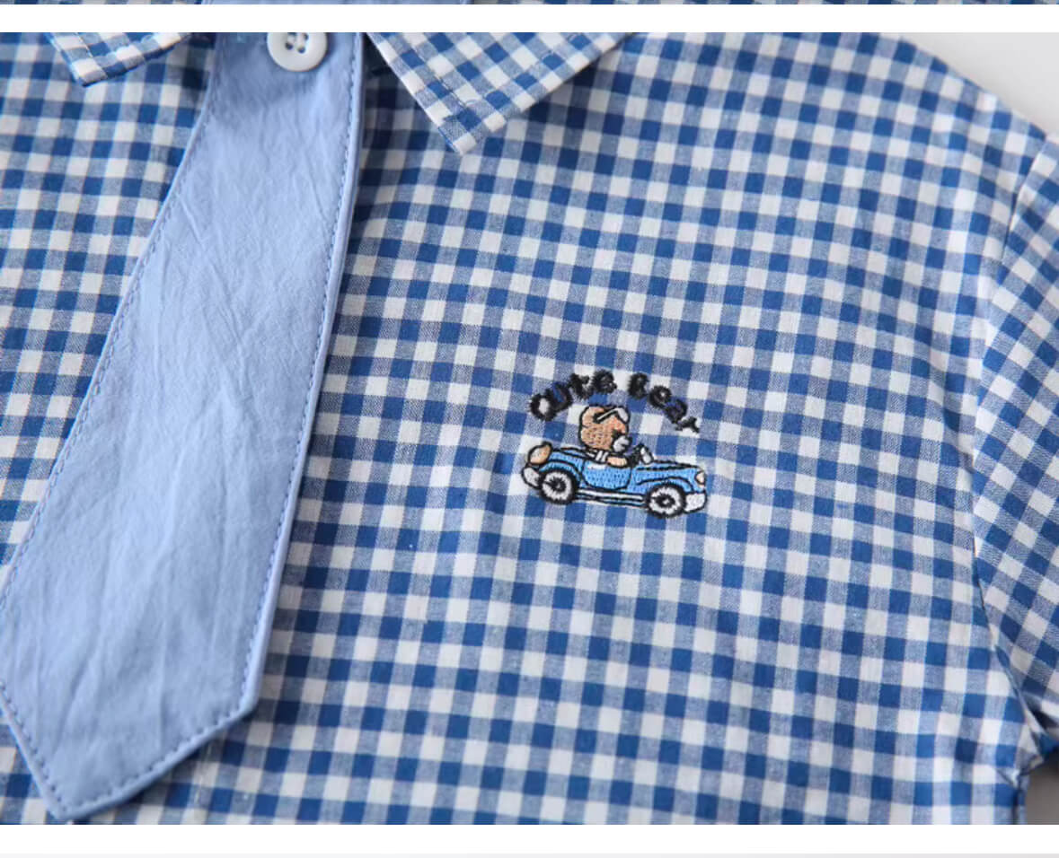 Close-up of button placket on baby boy’s checked cotton shirt with matching tie